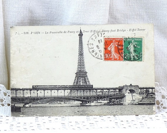 Rare French Antique Black and White Postcard the Eiffel Tower the River Seine and Passerelle de Passy Posted in 1919, Vintage Paper Ephemera