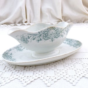 Antique French 19th Century Pottery Gravy Boat White with Teal Blue Pattern, Vintage Sauce Dish from France, Victorian Upcycled Table Vase