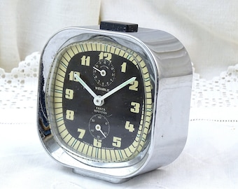Reloj despertador vintage alemán Wehrle Fanta de cuerda repetida de mediados de siglo en plata, reloj mecánico retro de mesita de noche de los años 60, Alemania.