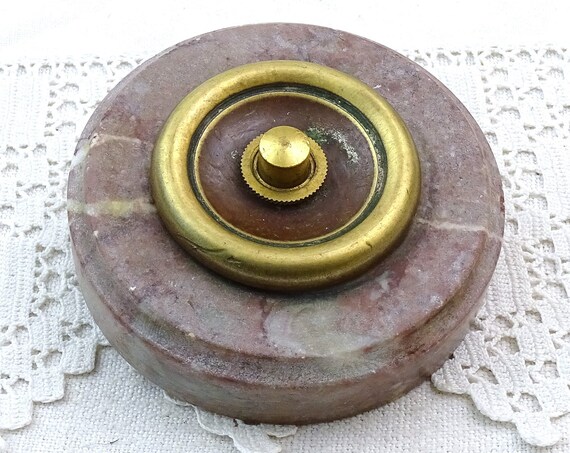 Vintage French Round Pale Pink Veined Marble Stone Electric Front Doorbell Push Button, Classy Accessory France, Old Style Villa Door Bell