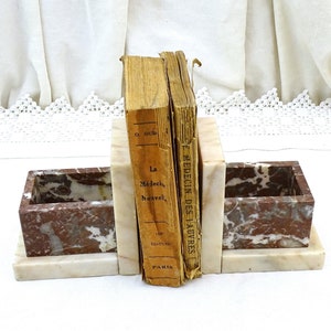 Vintage French Art Deco Veined Marble Bookends with Vide Poche, Retro Stone Book Ends from France, Geometric Library Item in White and Brown