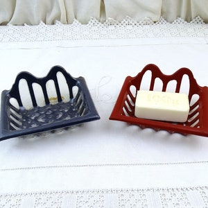 1 ヴィンテージ フランス製 未使用 エナメル鋳鉄製 赤または青、レトロな古いレプリカ 自立型または壁掛け型 バスルーム ソープバー ホルダー