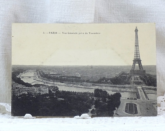 Rare French Antique Black and White Postcard of the River Seine  Eiffel Tower and the Trocadéro Gardens, Vintage Picture of Paris 1900s.