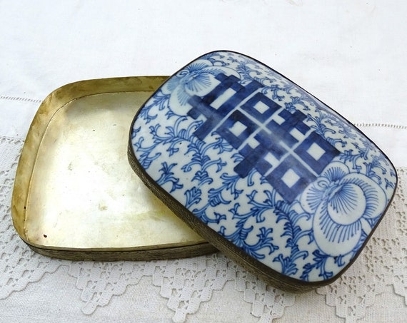 Large Vintage Chinese Shard Box with Antique Hand Painted Porcelain Pottery in Blue and White with Double Happiness Silver Plated