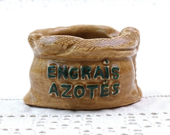 Small Vintage French Novelty Pottery Ashtray Shaped as Bag of Fertilizer Engrais Azotes, Promotional Smoking Accessory by Sfipe from France