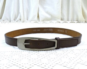 Vintage French Mid Century Leather Belt with Large Silver Tone Metal Buckle by Atelier Bower Size 75, Retro Small Size Clothes from France