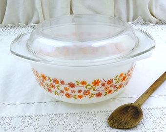 Vintage French Arcopal Oven Dish White Milk Glass Orange Flower Pattern with Clear Glass Lid, Retro 1970s Kitchenware Casserole from France