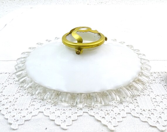 Antique French White Glass Pendant Light Shade with Clear Frilled Edge, Vintage Country Lighting Accessory from France, Farmhouse Decor