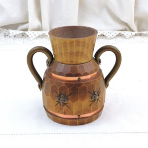 French Vintage 1940s Faceted Wooden Vase with Metal Lining, Retro Flower Arranging Accessory from France, Floral Arrangement Item