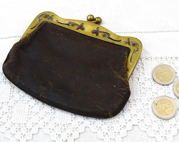 Large Antique Art and Crafts Style Leather and Brass French Coin Purse, Big Vintage Edwardian Wallet with Decorative Clutch, Money Pouch