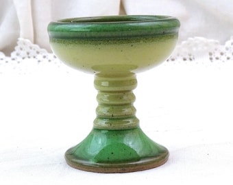 Small Vintage Midcentury Pottery Footed Candle Holder in 2 Tone Green Glaze, Retro 1960s Ceramic Ornament Candlestick / Bowl, 60s Home Decor