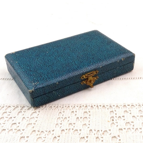 Small Vintage French Rectangular Blue Jewelry Box, Old Style Shabby Worn Box with Fake Snake Skin Cover in Dark Green with Yellow Lining