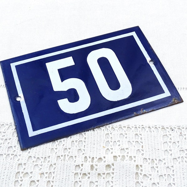 Vintage French Porcelain Enameled Metal House Sign in Blue and White Number 50, Enamelware Street Home France, Traditional Address Sign