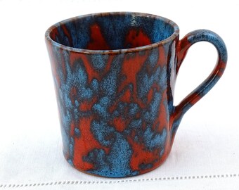 Small Vintage Mid Century French Studio Pottery Mug with Red and Blue Splatter Glaze, Retro 1960s Handmade Ceramic Coffee Cup From France