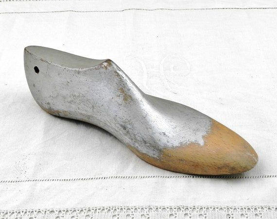 Antique French Carved Wooden Shoemaker's Form Painted Silver with Hanging Hole, Retro Industrial Cobbler's Foot Shape made of Wood