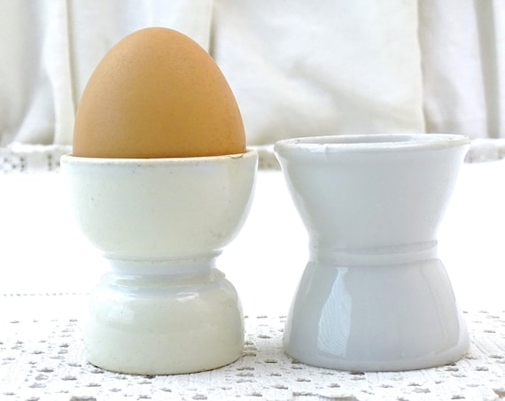 2 Antique French White Glazed Pottery Open Ended Egg Gups, Vintage Boiled Egg Breakfast Accessory from France, Gustavian Home Decor