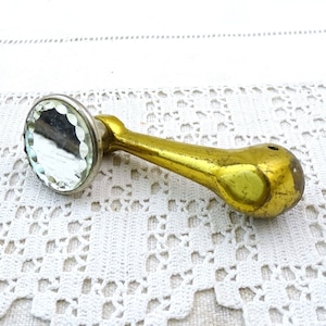 Vintage French Rotating Turning Handle with Beveled Mirror, Retro Car Window Crank Handle in Gold Tone Metal with Reflective Glass