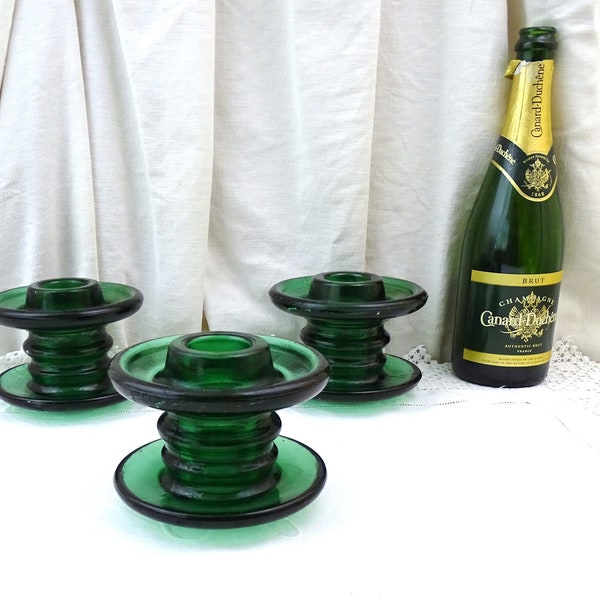 Grand bougeoir isolant de pylône électrique en verre vert français vintage, grand bâton de bougie industriel rétro de France, éclairage de style ancien