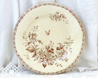 Antique French Ironstone Transferware Plate by Gien from the Mai Range with Brown Flower and Insect Pattern, Vintage Brocante Country Decor