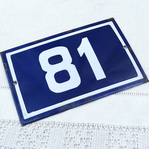 Vintage French Porcelain Enameled Metal House Sign in Blue and White Number 81, Enamelware Street Home from France, Traditional Address Sign