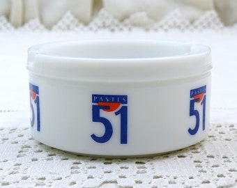 Vintage French Small Round Promotional Ashtray by Pastis 51 Drink in White Milk Glass with Blue and Red, Retro Upcycled Trinket / Ring Dish
