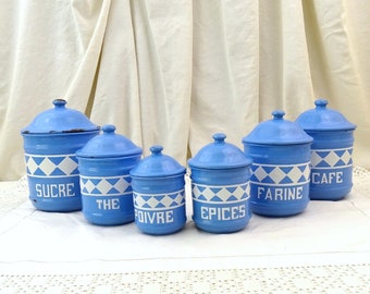 Antique French 6 Piece Enamel Canister Set in Blue with White Pattern and Lettering, Vintage Brocante Kitchen Enamelware Decor from France