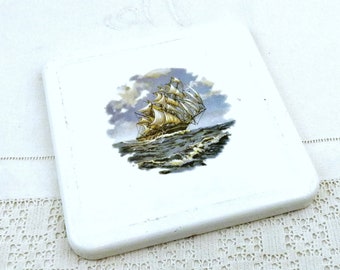 French Vintage Square Porcelain Enamel Trivet with Sailboat Image, Retro Old Style Kitchen Heat Mat Made of Enameled Metal, Sailing Vessel