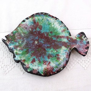 Vintage French Mid Century Lava Glaze Flat Fish Pottery Dish, Retro Seaside Themed Kitchen Decor from France, 1960s Drip Glaze Ceramic Bowl