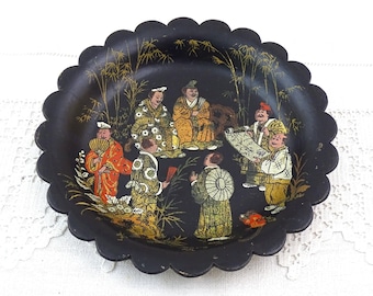 Small Antique 19th Century Black Lacquered Tray Decorated with Chinese Wise Men, Vintage Jewelry Dish from China, Retro Eastern Decor