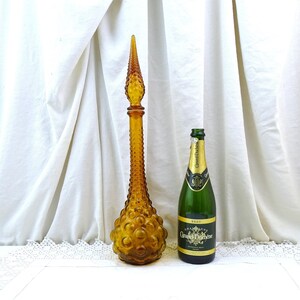 Large Tall Vintage Italian Empoli Style Mid Century 1960s Amber Glass Genie Bottle Floor Decanter with Stopper, European Glassware Carafe