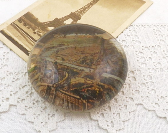 French Antique Round Glass Paper Weight with Picture of an Aerial view of Paris and the Eiffel Tower, Vintage Office Desk Decor from France