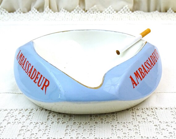 Large Vintage French Mid Century Promotional Ashtray for Cusenier Ambassadeur in Pale Blue, Retro Barware Smoking Accessory from France