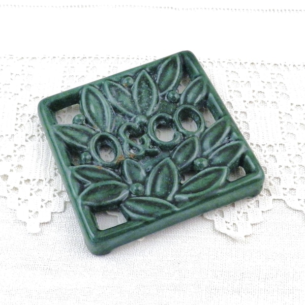 Small Square French Antique Green Enamel Trivet by O&Co with Foliage, Vintage Collectible Porcelain Enamelware from France, Country Decor