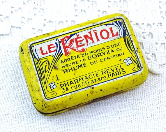 Small Antique French Bright Yellow Art Nouveau Metal Pill Tin Le Reniol with Belladonna, Vintage Collectible Box from France