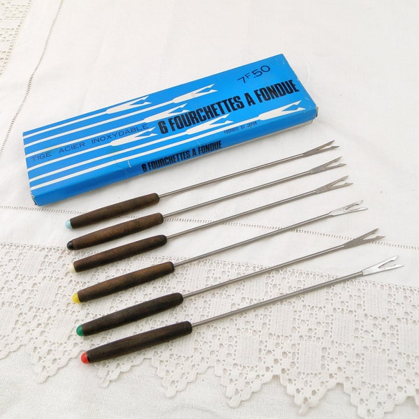 Vintage 1960s Boxed Set of 6 Stainless Steel and Wooden Fondue Forks Made in Japan, Retro 60s Dinner Party Accessory from France,