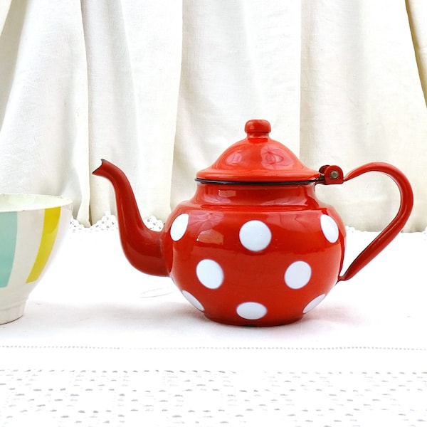 Small Vintage Chippy Red and White Polka Dot Enamelware Tea Pot, Bright Colorful Porcelain Spotty Enamel Farmhouse Kitchen Decor From France