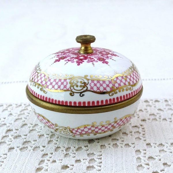 Petite boîte à bibelots ronde autrichienne vintage en or rose et émail blanc fabriquée par Arta, émail européen décoratif rétro d'Autriche