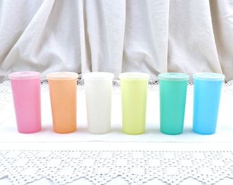 6 Vintage Pastel Colored Tupperware Small Beakers with Lids from the Millionaire Line, Six Retro Colorful Drinks Tumblers made in France