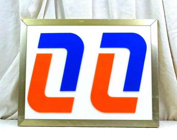 Vintage 1970s / 1980s French White Perspex Plastic Sign with Orange and Blue Logo, Retro Uplcycled Lighting from France, Wall Decor