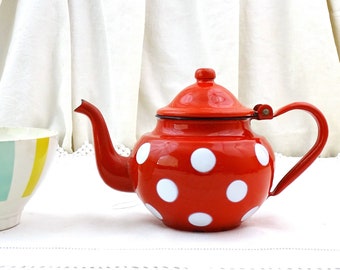 Small Vintage Chippy Red and White Polka Dot Enamelware Tea Pot, Bright Colorful Porcelain Spotty Enamel Farmhouse Kitchen Decor From France