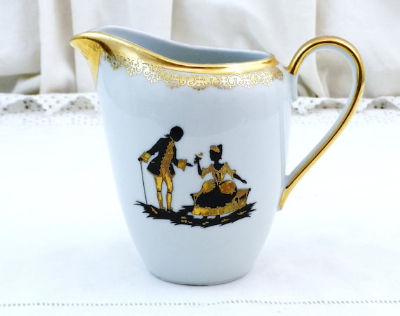 Vintage 1950s White Porcelain China Creamer Pitcher Decorated with Gold and Black Silhouette of 18th Century Couple Made in Germany
