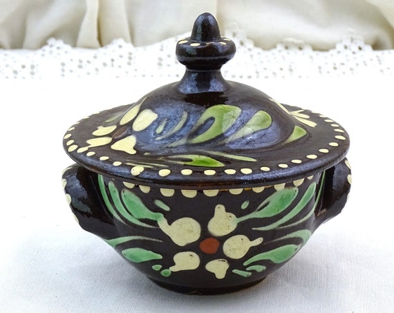 Vintage French Hand Made Pottery Slipware Sugar Bowl with Lid Dark Glaze and Flower Pattern, Retro Country Farmhouse Tableware from France