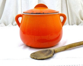 Vintage French Pot Bellied Cast Iron Cooking Pot in Bight Orange Enamel with 2 Side Handles , Retro Kitchenware Pan Accessory from France