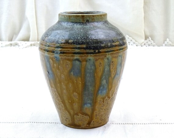 Antique French Ceramic Art Deco Vase with Gray, Blue and Brown Drip Glaze, Vintage Pottery Drippy Flower Vase France, Brocante Home Decor