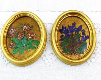 Pair of Vintage French Hand Painted on Brass Leaf Flower Pictures in Oval Gilded Wooden Frame, Retro Wall Hanging Home Decor from France