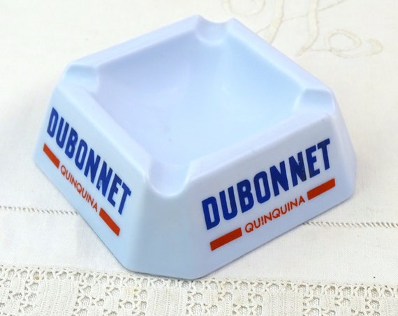 Vintage French Dubonnet Drinks Advertising Ashtray of Blue Milk Glass, Retro Mid Century Tobacciana from France, Square Ring / Trinket Dish