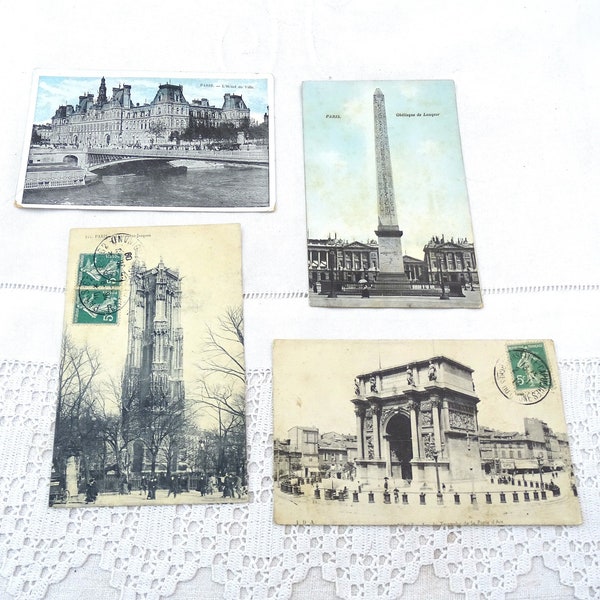 4 French Antique Black and White Postcards of Parisian Monuments L'Hotel de Ville Obelisque Louqsor, Retro Vintage Vacation Souvenir France