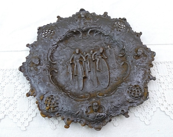 Antique Victorian Cast Iron Decorative Wall Plate or Trinket Dish with Penny Farthing Racers, Rare Vintage Collectible Bicycle Themed Decor