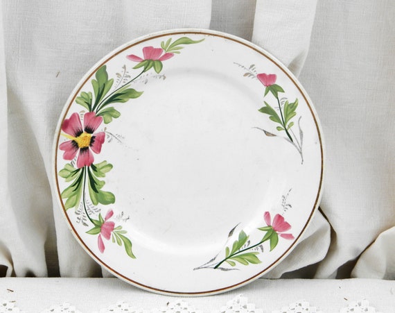 Antique French Round Pottery Plate with Hand Painted Wild Rose Pattern by St Amand, Early 20th Century Farmhouse Decor from France