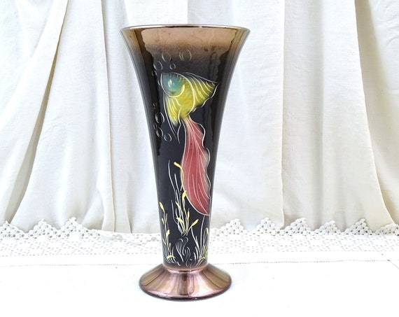 Large 1950s Vintage French Hand Painted Lusterware Footed Conical Fluted Vase with Exotic Fish Pattern on Black, Retro Collectible Pottery